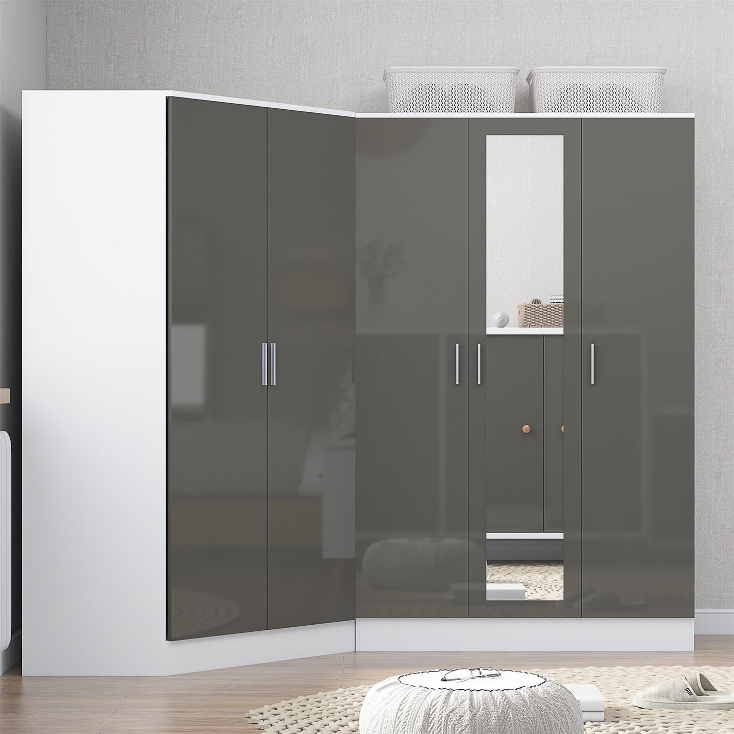 Reflect 2pc Wardrobe Bundle - 2 Door Corner + 3 Door Mirror - Grey Gloss & Matt White