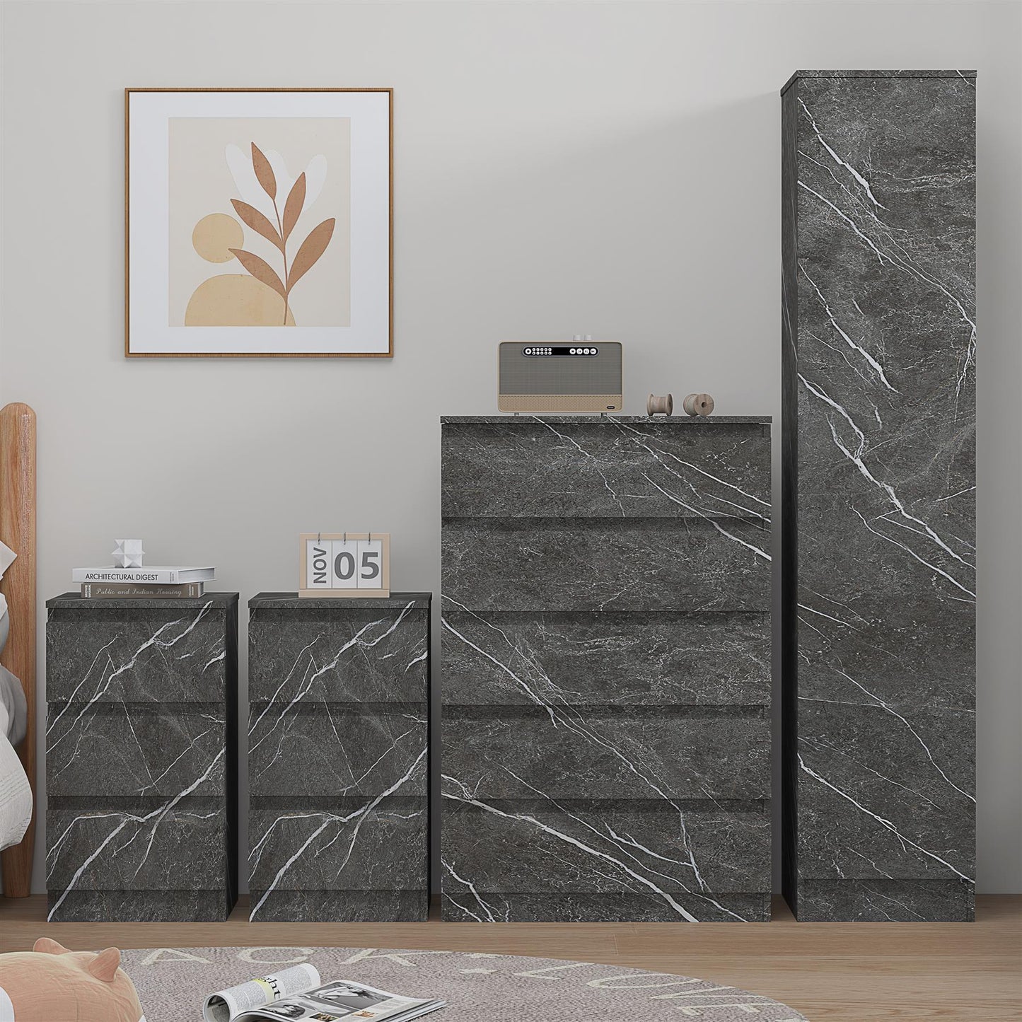 ZITA 4pc Set - 1 Door Wardrobe + Tall Chest + 2 Bedsides in White OR Grey Marble