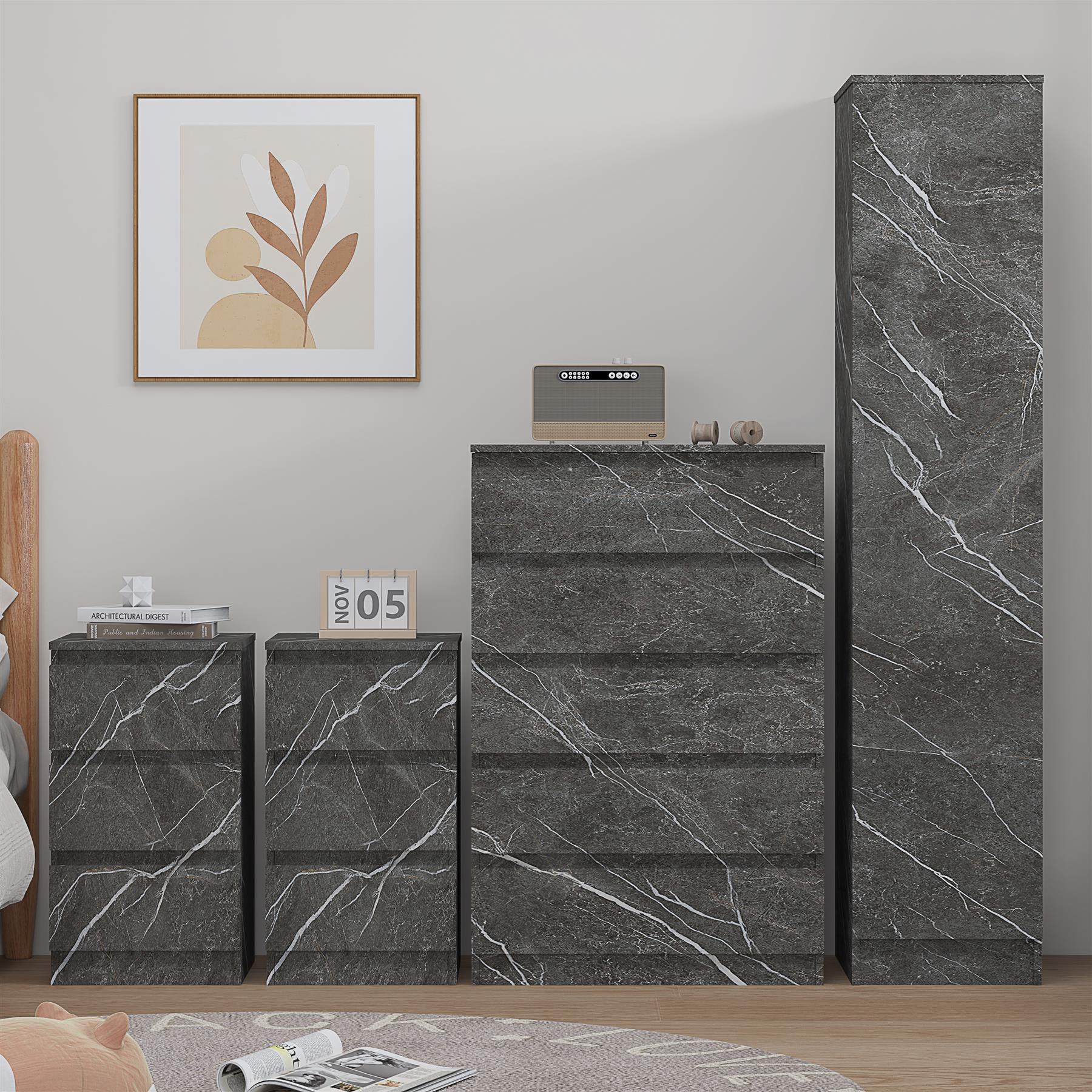 ZITA 4pc Grey Marble Effect Bedroom Set - 1-Door Wardrobe, Tall Chest & 2 Bedside Tables, Stylish Modern Storage Furniture