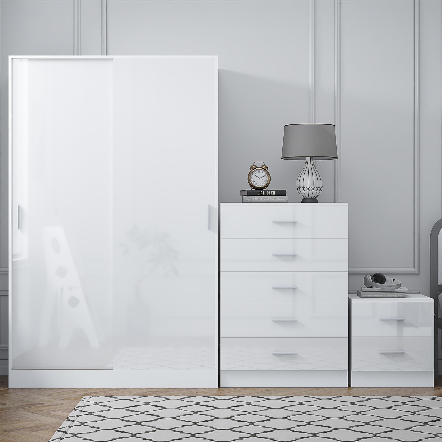 Reflect 2 Door Sliding Wardrobe, 5 Drawer Chest, 2 Drawer Bedside - White Gloss & Matt White - Modern Bedroom Furniture Set