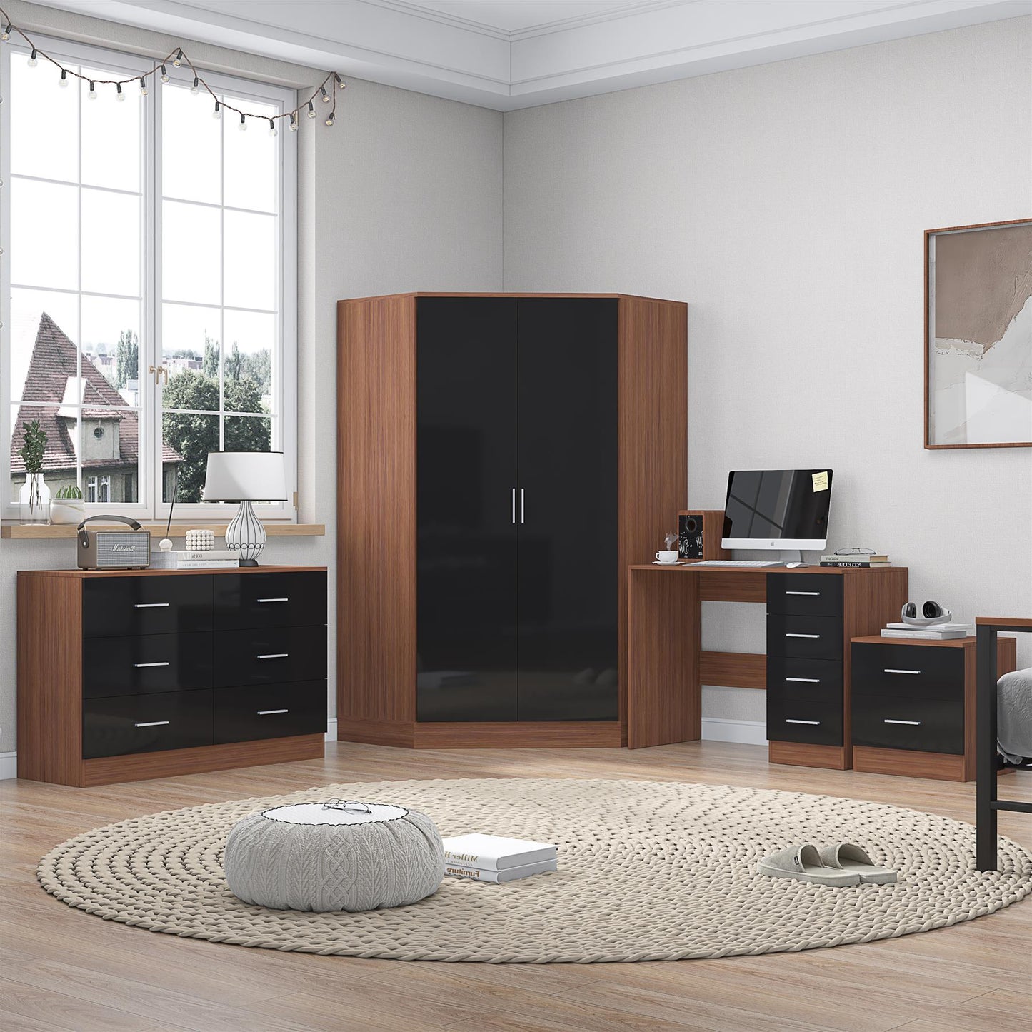 Reflect 2 Door Corner Wardrobe, 6 Drawer Chest, 2 Drawer Bedside & Desk - Black Gloss & Walnut - Bedroom Furniture Set