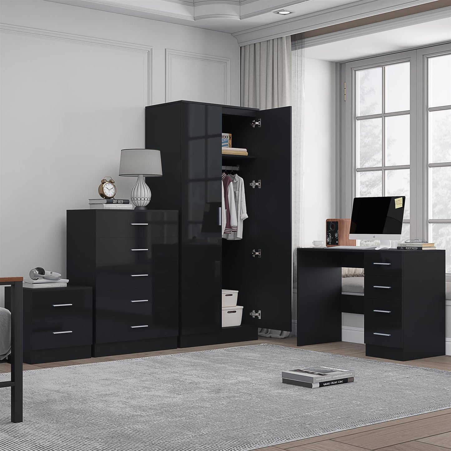 Reflect 2 Door Plain Wardrobe, 5 Drawer Chest, 2 Drawer Bedside & Desk - Black Gloss & Black Oak - Modern Bedroom Furniture Set