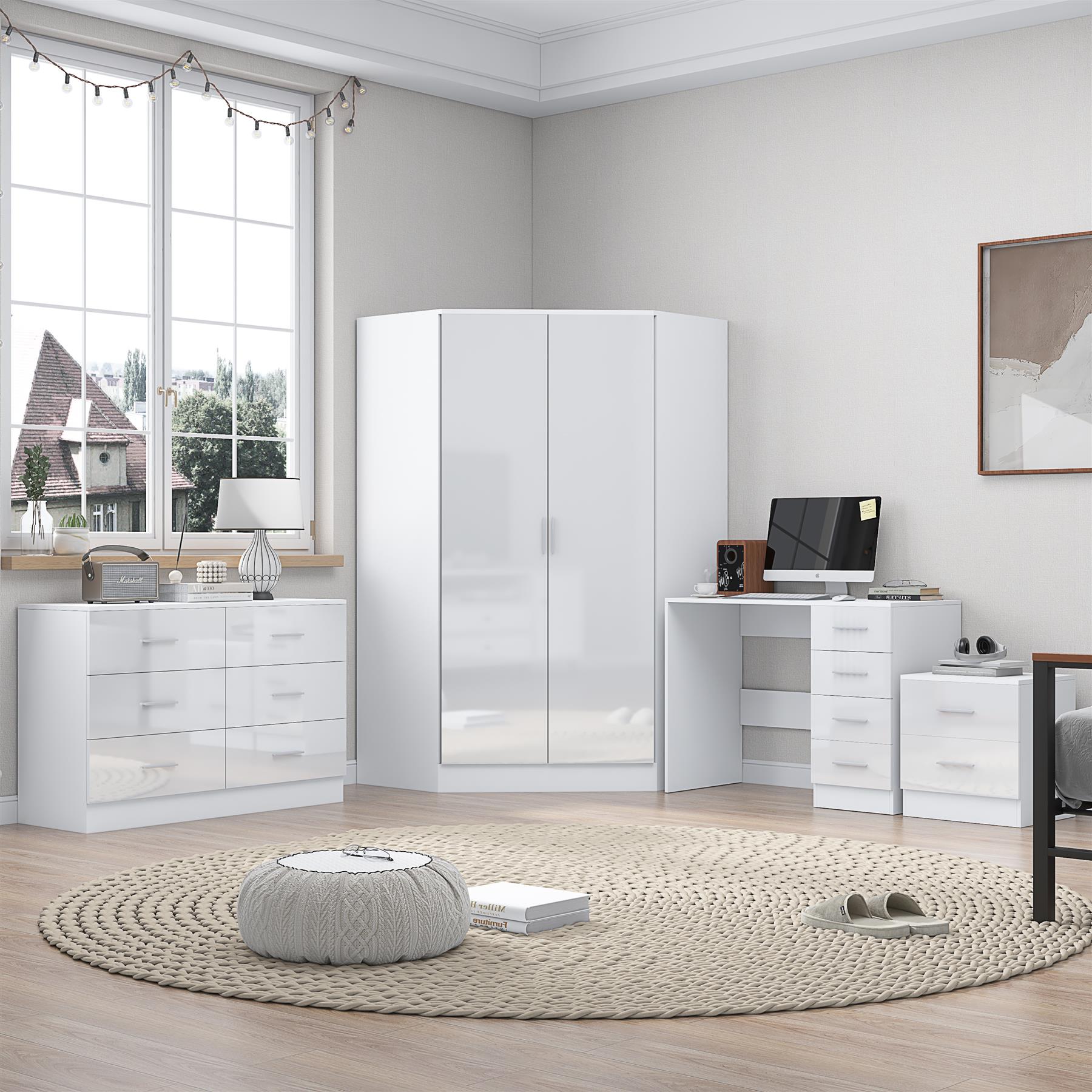 REFLECT - 2 Door CORNER + 6 Drawer Chest + 2 Drawer Bedside + 4 Drawer Desk - Gloss White / Matt White
