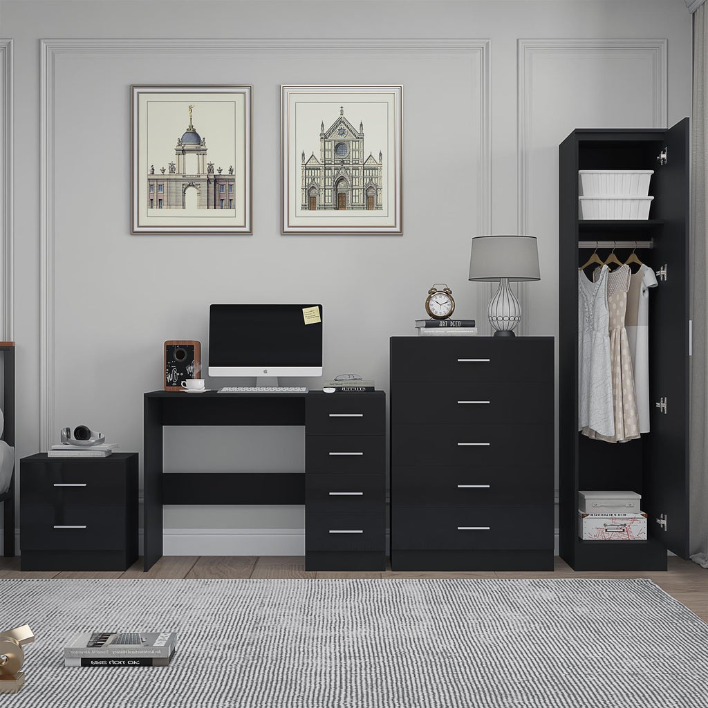 REFLECT Gloss 4pc Bedroom Set - 1 Door Wardrobe + 5 Draw Chest + Bedside + Desk