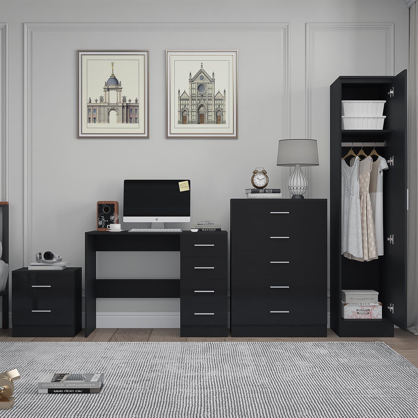 REFLECT Gloss 4pc Bedroom Set - 1 Door Wardrobe + 5 Draw Chest + Bedside + Desk