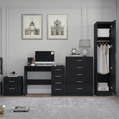 Reflect 1 Door Plain Wardrobe, 5 Drawer Chest, 2 Drawer Bedside & Desk - Black Gloss & Black Oak - Bedroom Furniture Set
