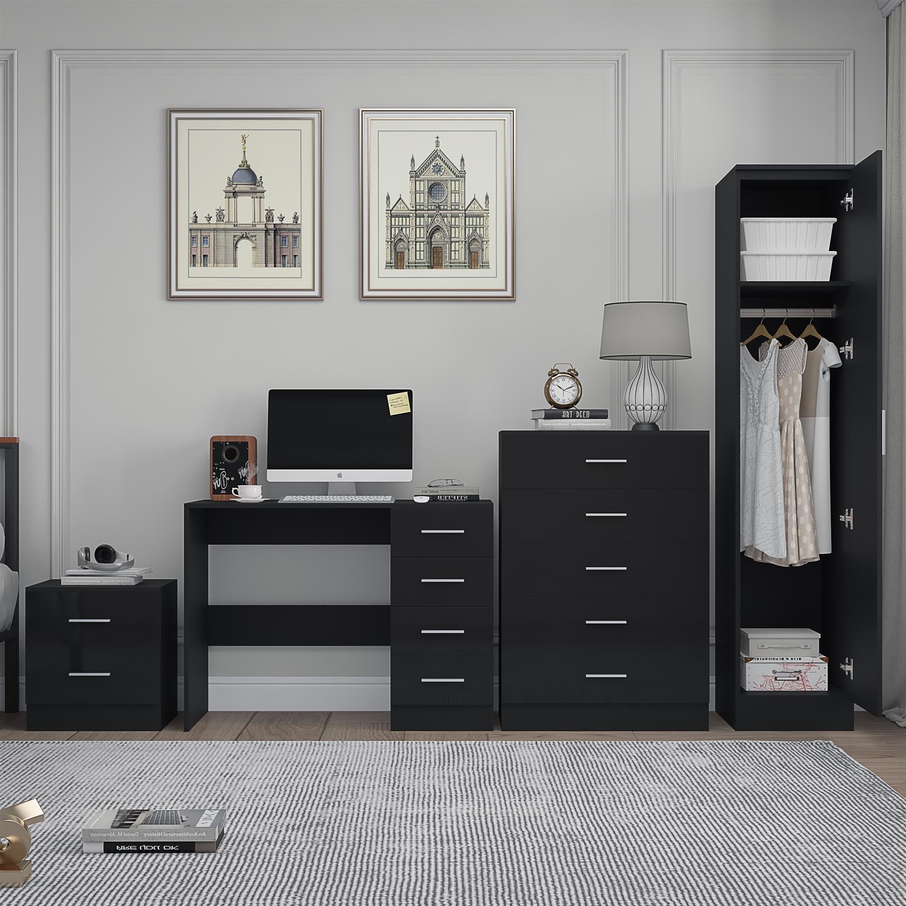 Reflect 1 Door Plain Wardrobe, 5 Drawer Chest, 2 Drawer Bedside & Desk - Black Gloss & Black Oak - Bedroom Furniture Set