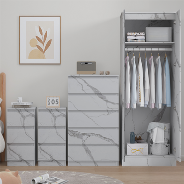 ZITA 4pc Set - 2 Door Wardrobe + Tall Chest + 2 Bedsides in White OR Grey Marble