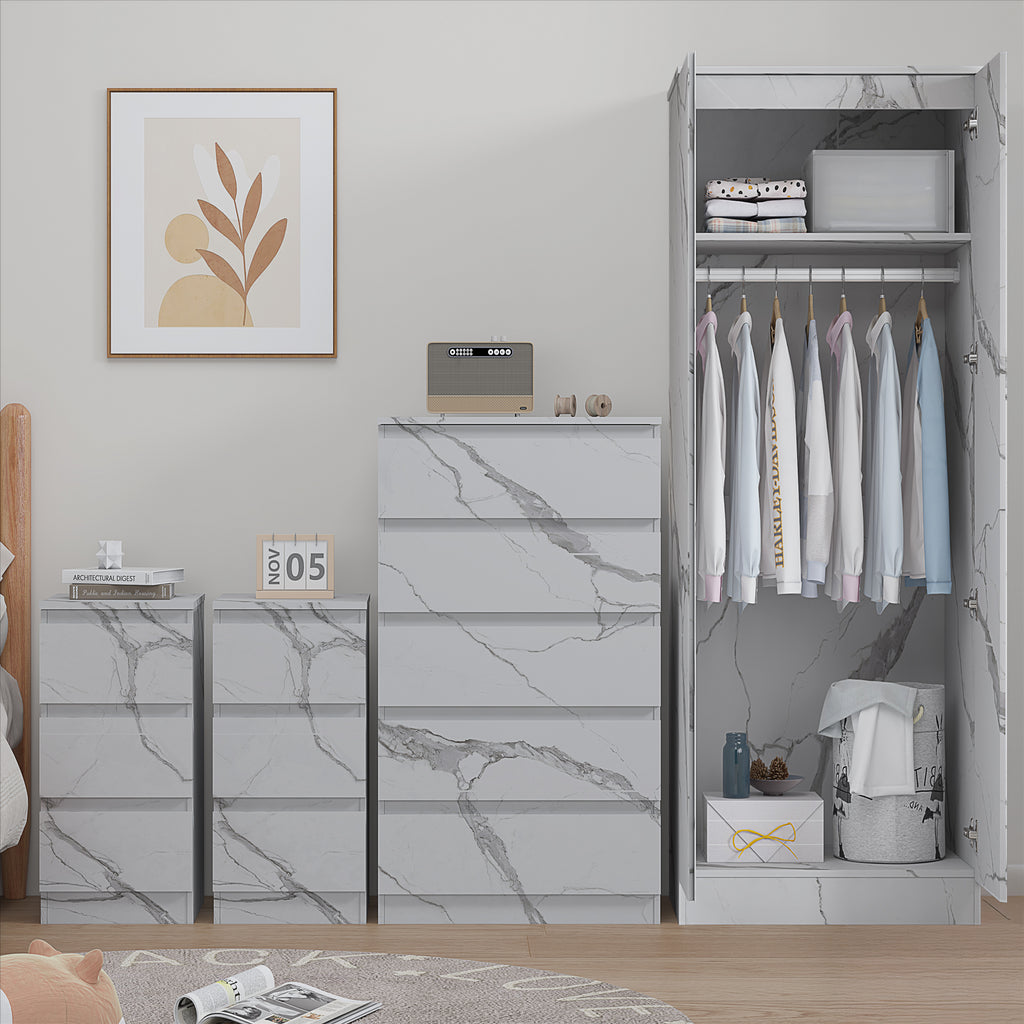 ZITA White Marble Effect 4 Piece Bedroom Set - 2 Door Wardrobe, Tall Chest & 2 Bedside Tables, Stylish Storage Solution