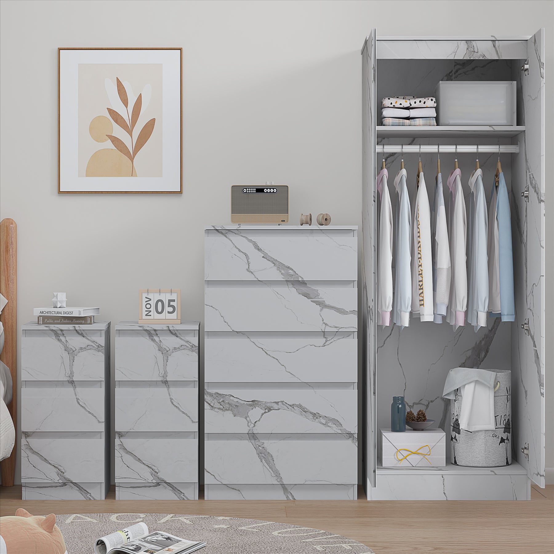 ZITA White Marble Effect 4 Piece Bedroom Set - 2 Door Wardrobe, Tall Chest & 2 Bedside Tables, Stylish Storage Solution