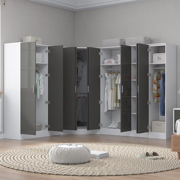 Reflect 4pc Wardrobe Bundle - 2 Door Corner + 2x 3 Door Plain + 1 Door Plain - Grey Gloss & Matt White