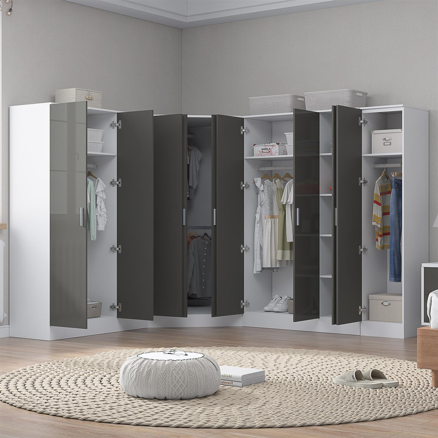 REFLECT Gloss Large 9 Door Corner Modular Wardrobe Bedroom Furniture Bundle Set