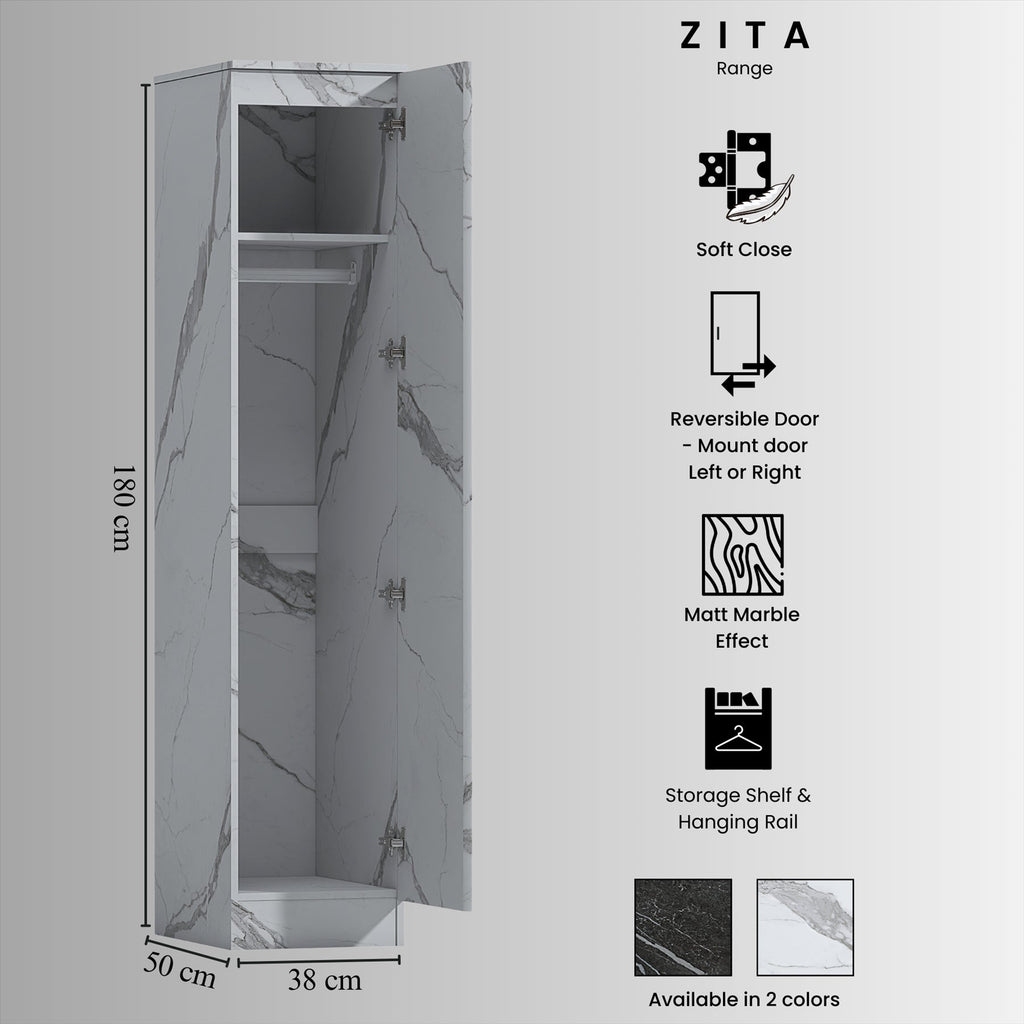 ZITA White Marble Effect 3 Piece Bedroom Set - 1-Door Wardrobe, Wide Chest & Bedside Table, Stylish Modern Bedroom Furniture