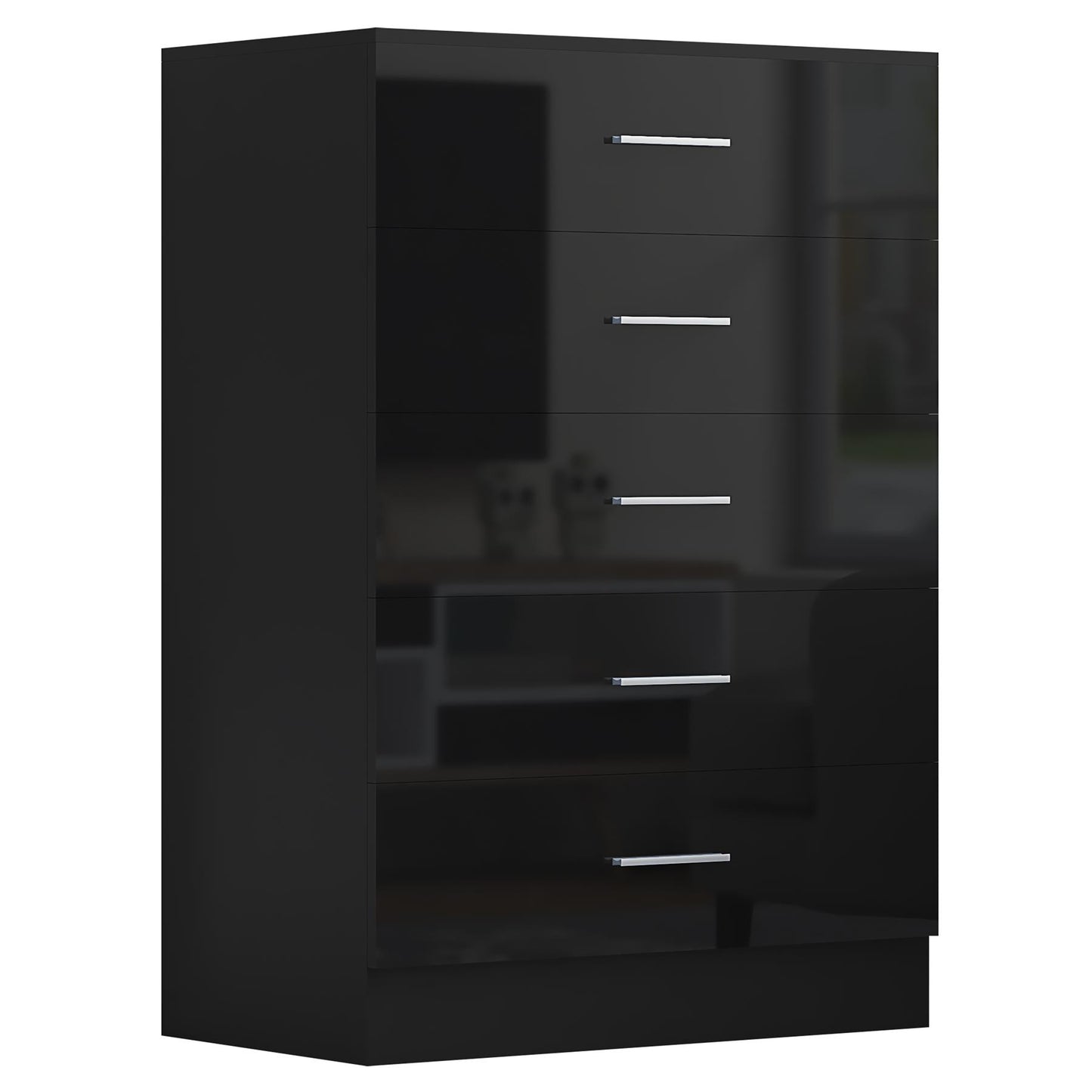 Reflect 2 Door Plain Wardrobe, 5 Drawer Chest, 2 Drawer Bedside & Desk - Black Gloss & Black Oak - Modern Bedroom Furniture Set