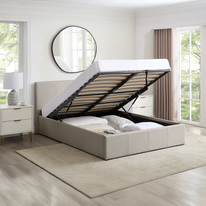 LUNA Faux Leather Ottoman Storage Bedframe in Beige 4 Size + Mattress Options