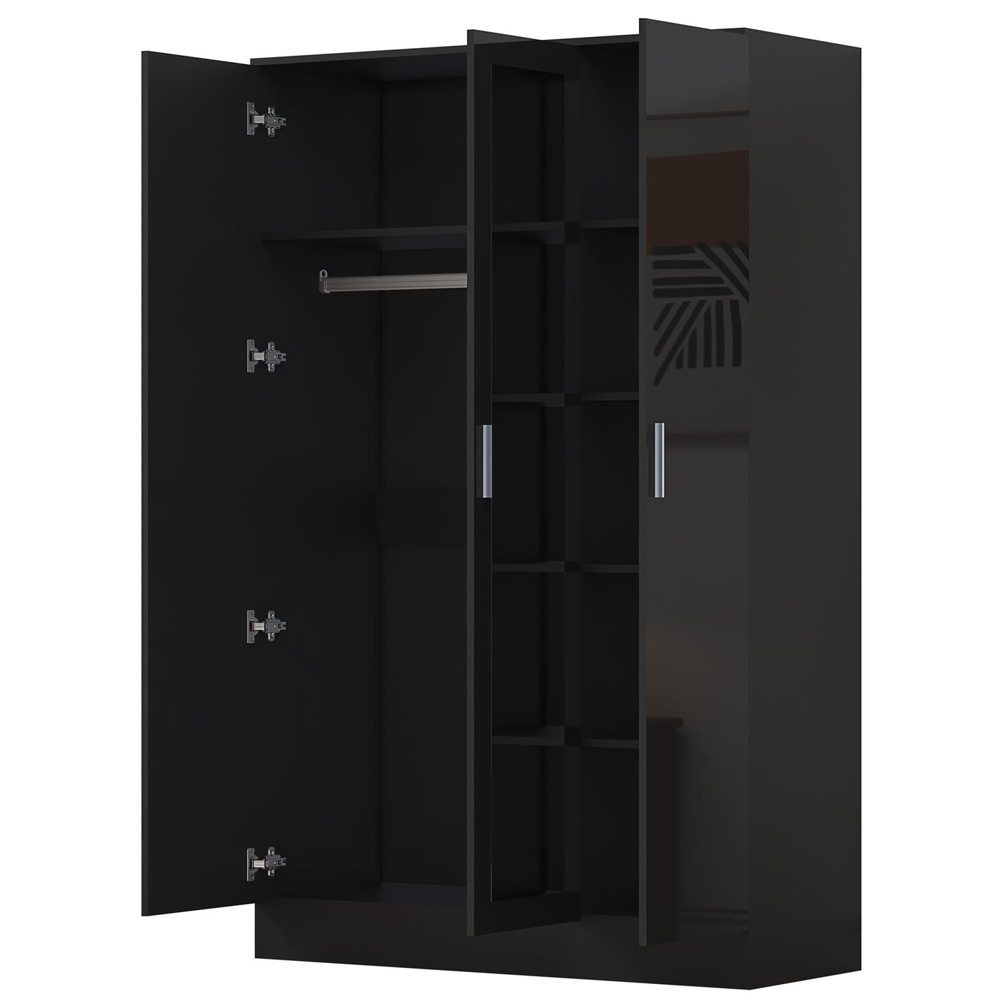 Reflect 3 Door Mirror Wardrobe - Black Gloss & Black Oak - Hanging Rail & 4 Shelves - Modern Design