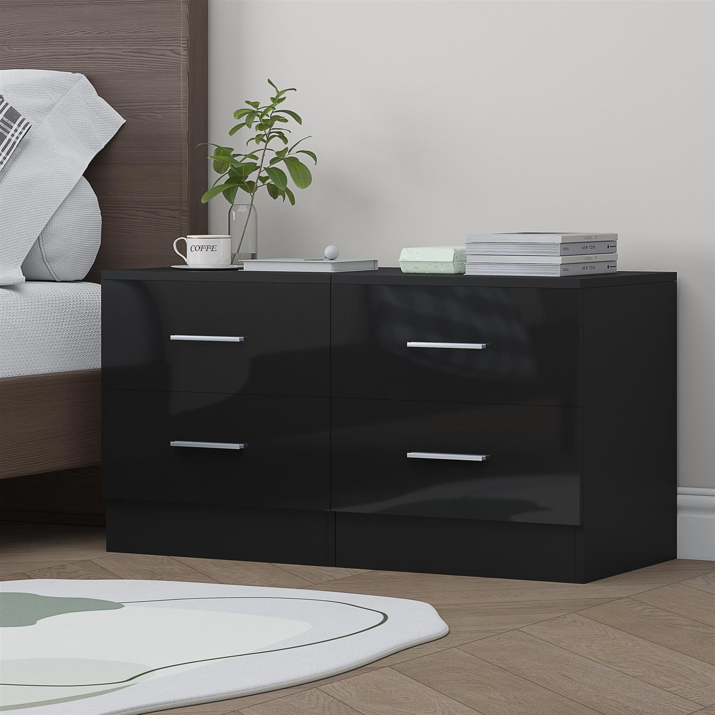 Reflect 2 Drawer Bedside Bundle (2x) - Black Gloss & Black Oak - Modern Bedside