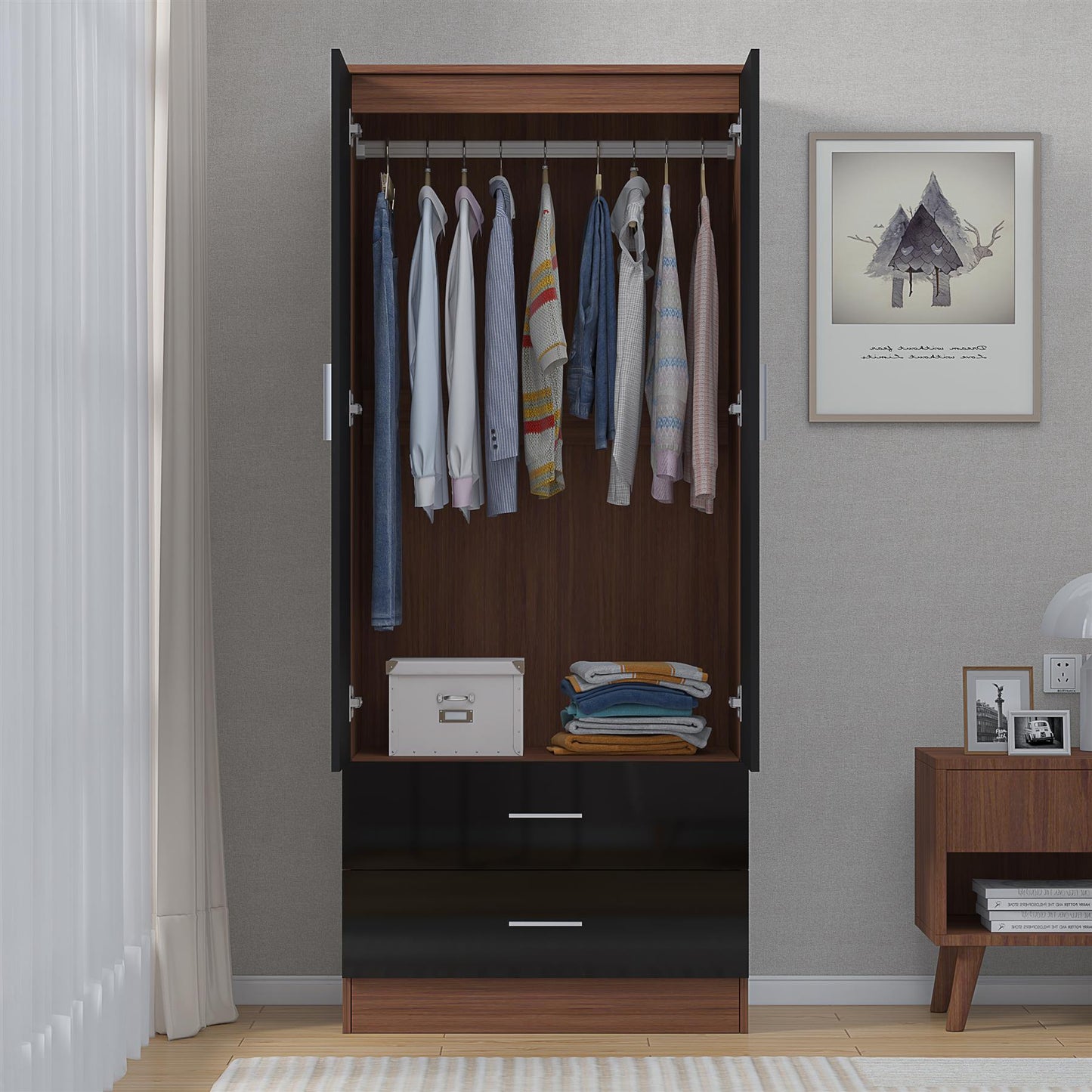 REFLECT High Gloss Bedroom Furniture Wardrobe Chest Bedside Desk - Black/Walnut