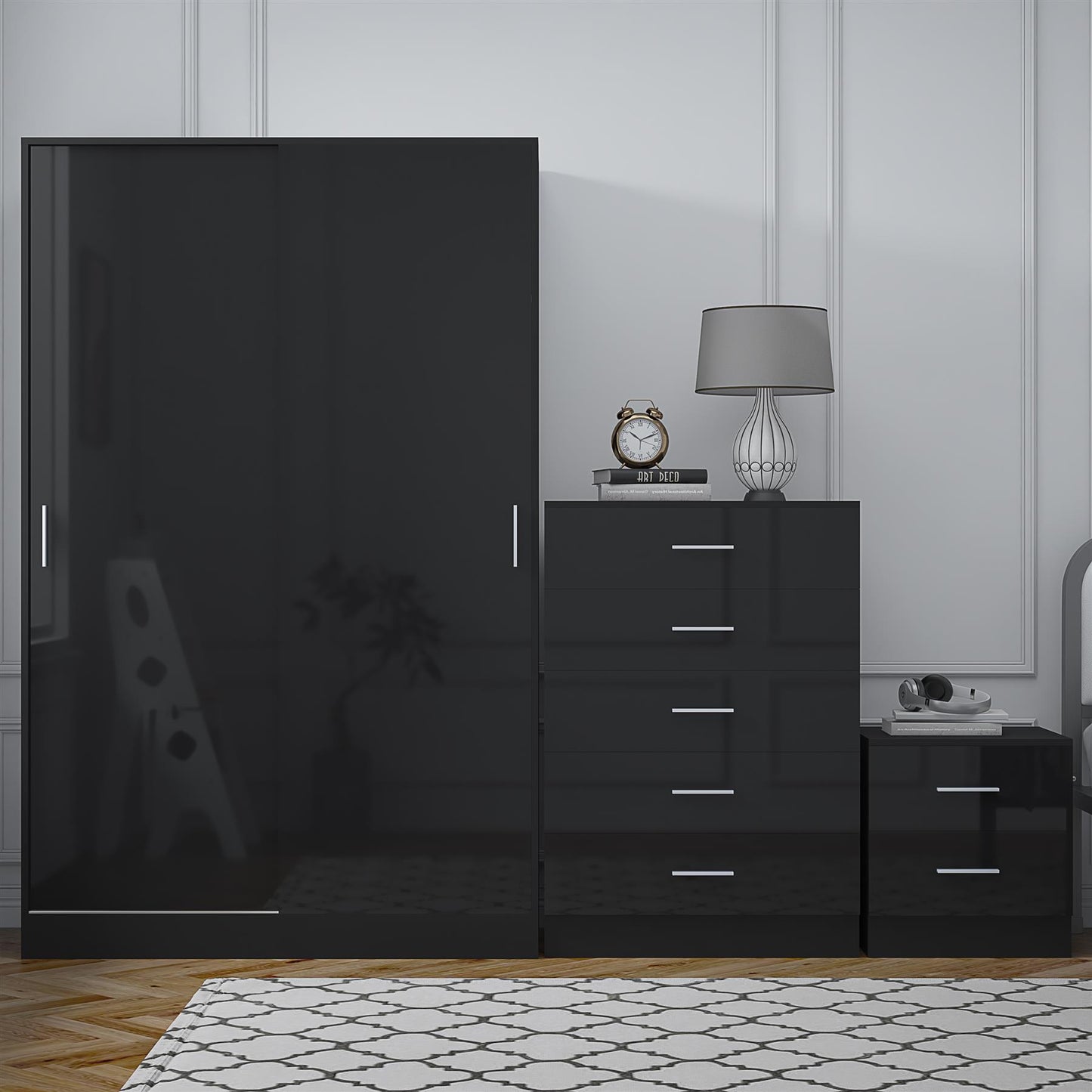 REFLECT Gloss 3pc Set - 2 Door Sliding Wardrobe + 5 Draw Chest + Bedside