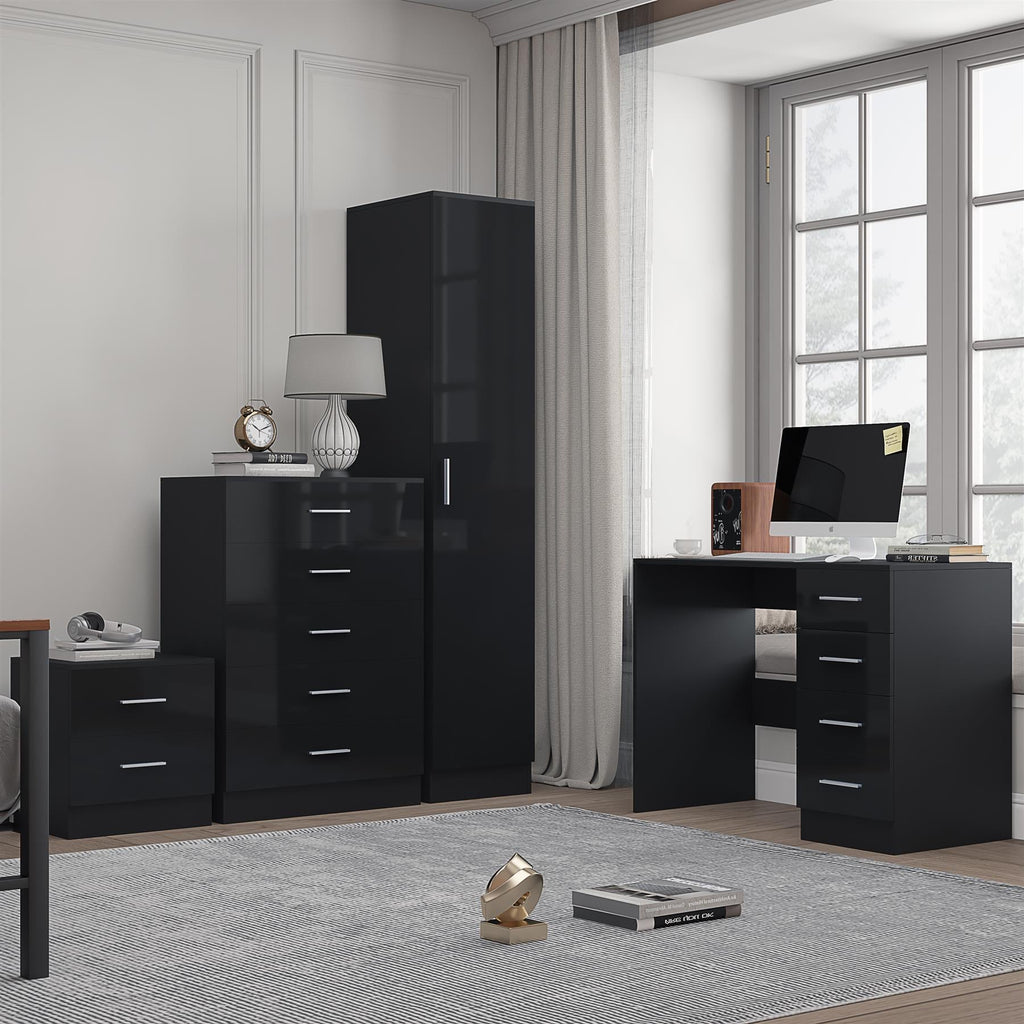 REFLECT Gloss 4pc Bedroom Set - 1 Door Wardrobe + 5 Draw Chest + Bedside + Desk