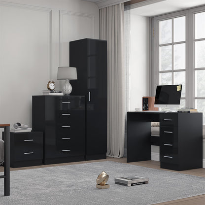 REFLECT Gloss 4pc Bedroom Set - 1 Door Wardrobe + 5 Draw Chest + Bedside + Desk