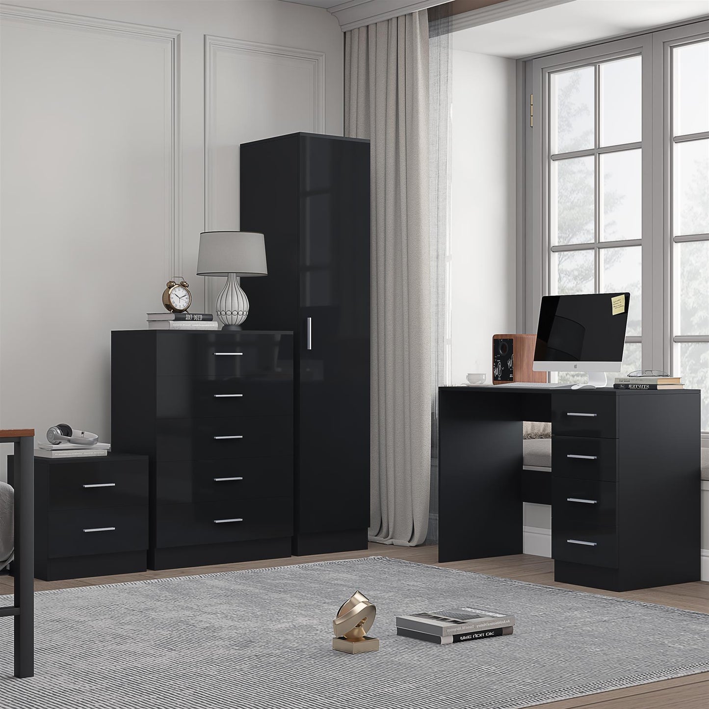Reflect 1 Door Plain Wardrobe, 5 Drawer Chest, 2 Drawer Bedside & Desk - Black Gloss & Black Oak - Bedroom Furniture Set