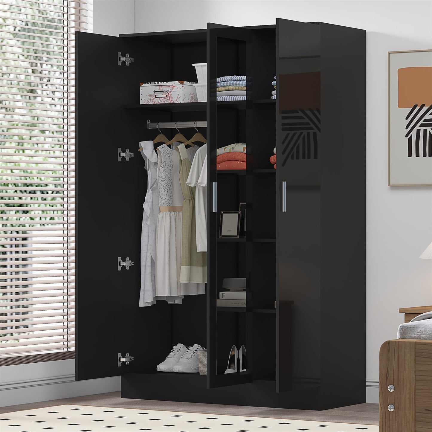 REFLECT High Gloss Bedroom Furniture Wardrobe Chest Bedside Desk Option in Black