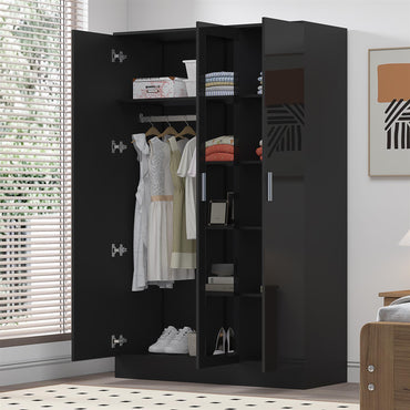 Reflect 3 Door Mirror Wardrobe - Black Gloss & Black Oak - Hanging Rail & 4 Shelves - Modern Design
