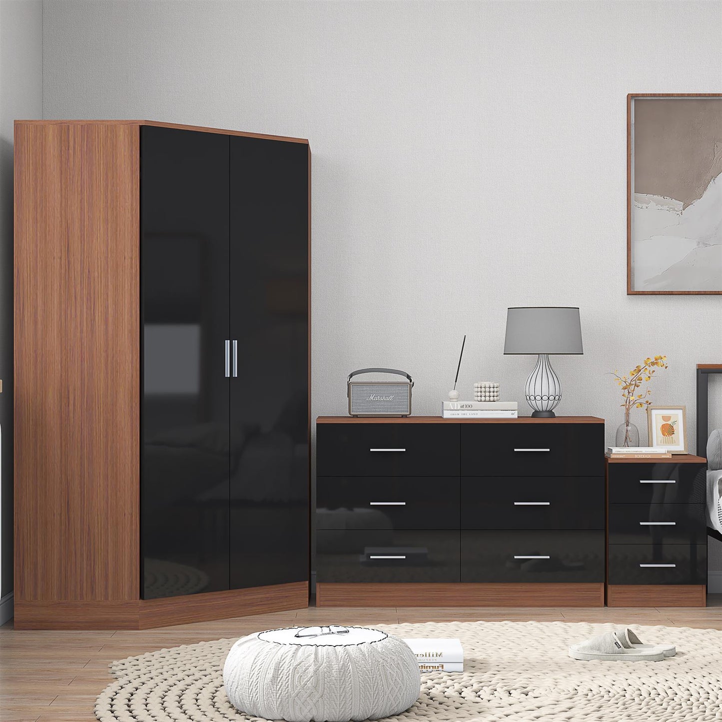 Reflect 2 Door Corner Wardrobe, 6 Drawer Chest, 3 Drawer Bedside - Black Gloss & Walnut - Bedroom Furniture Set