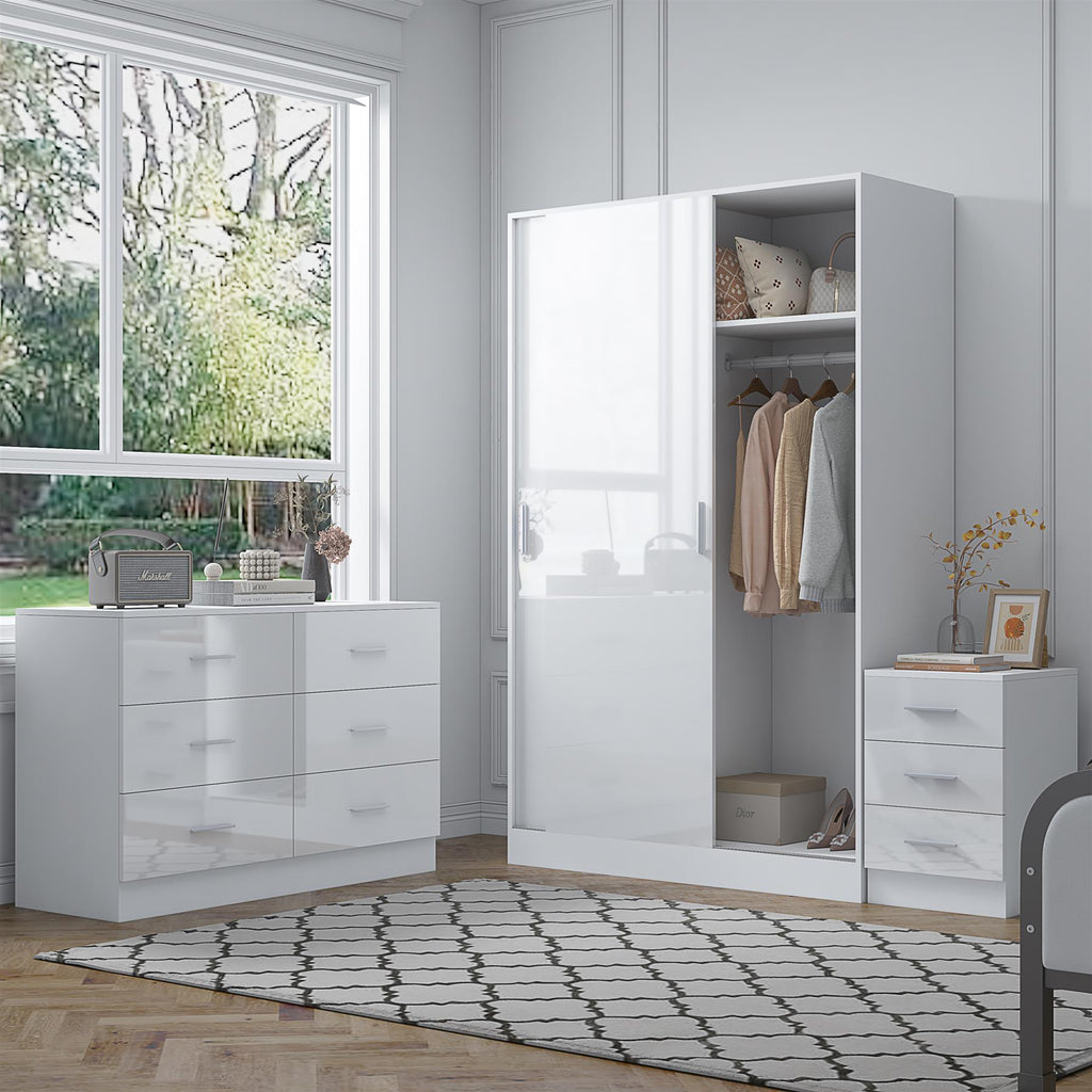 Reflect 2 Door Sliding Wardrobe, 6 Drawer Wide Chest, 3 Drawer Bedside - White Gloss & Matt White - Modern Bedroom Furniture Set