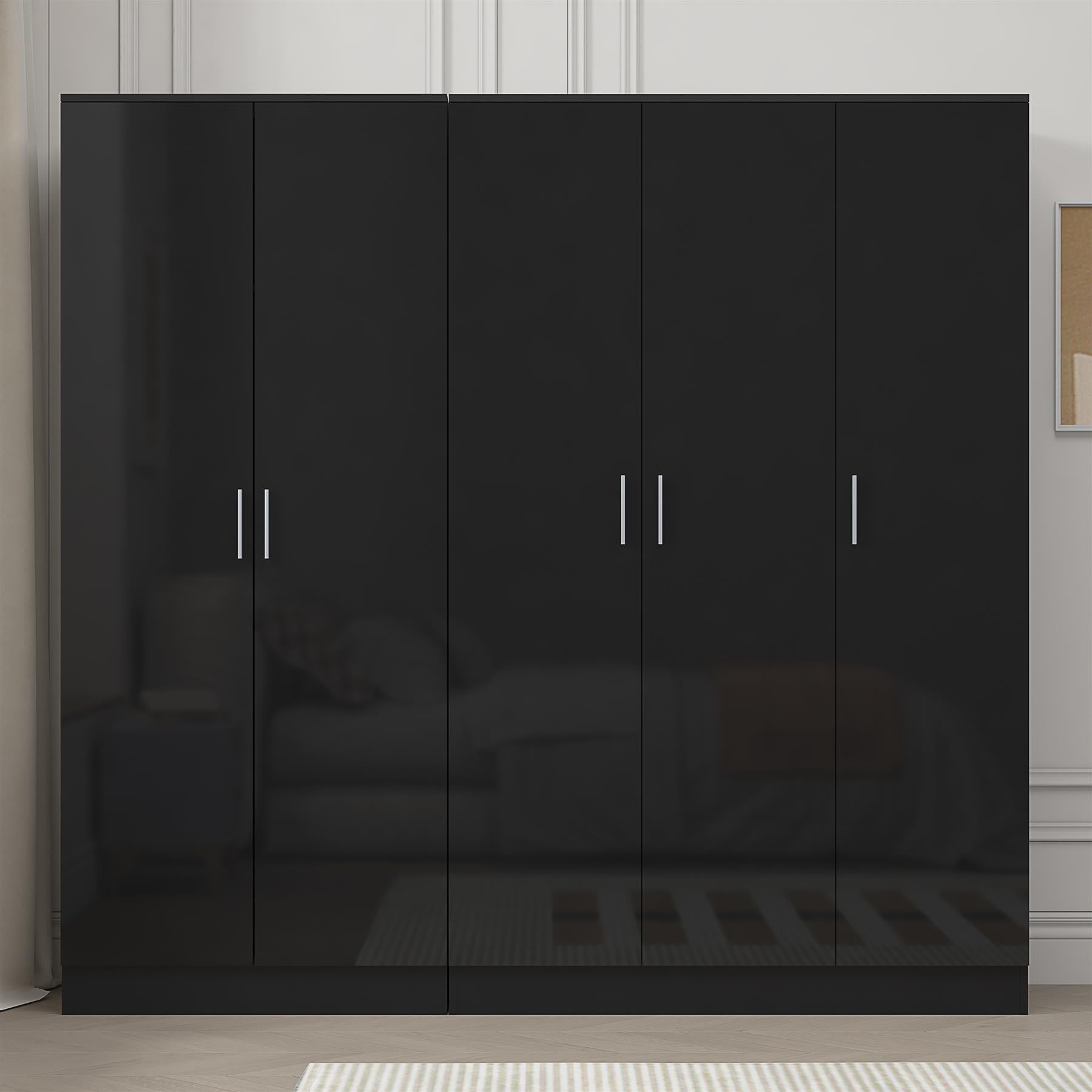 REFLECT - 3 Door PLAIN + 2 Door PLAIN Wardrobe - Gloss Black / Matt Black