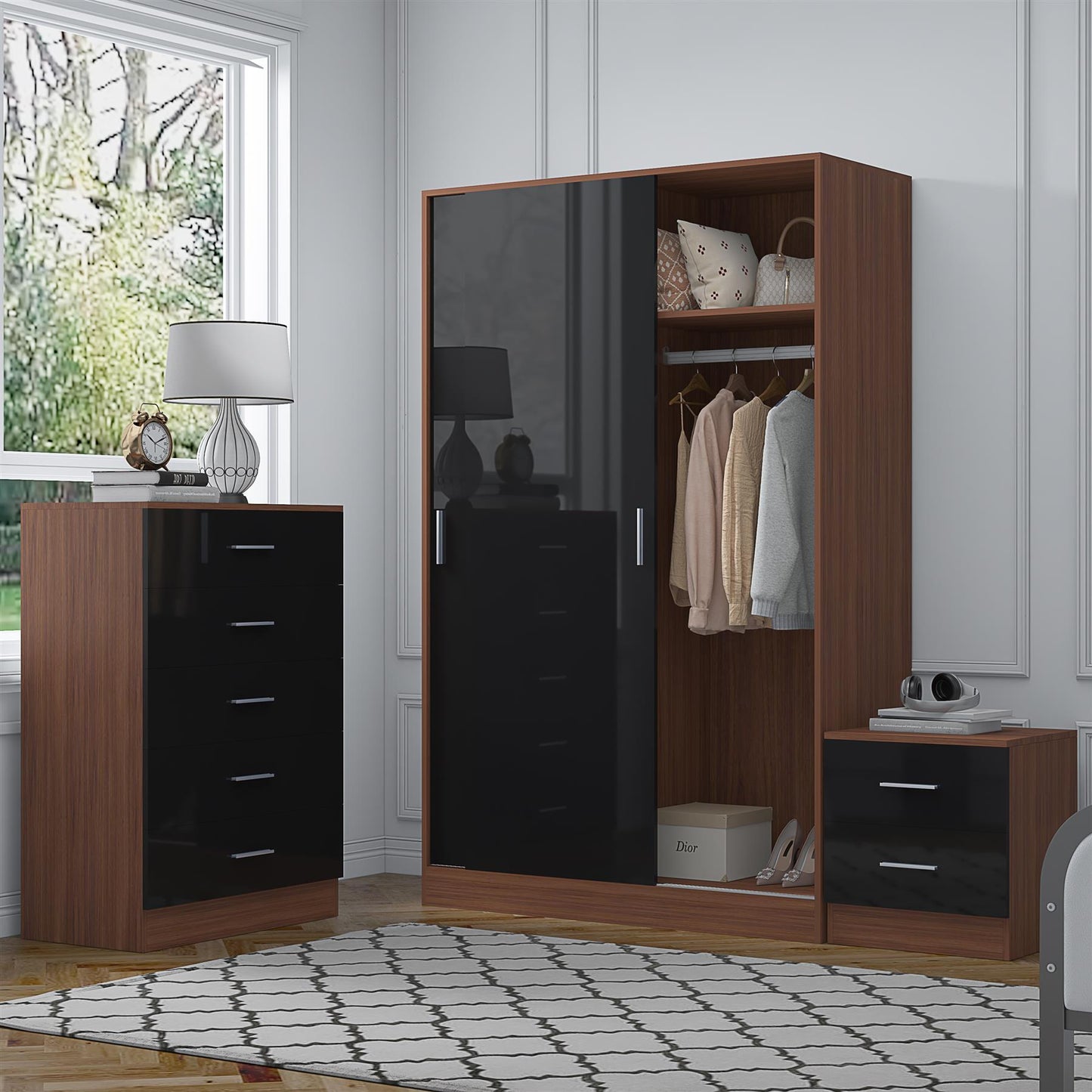 REFLECT Gloss 3pc Set - 2 Door Sliding Wardrobe + 5 Draw Chest + Bedside