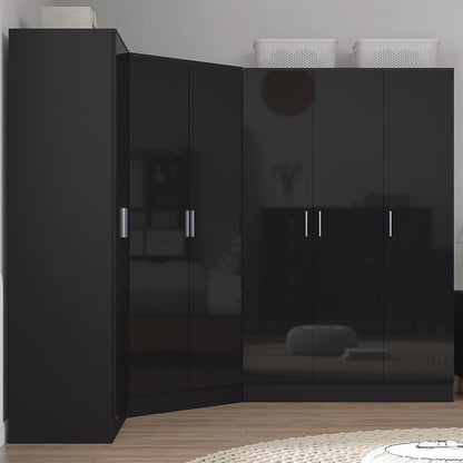 Reflect 4pc Wardrobe Bundle - 2 Door Corner + 3 Door Plain + 2 Door Plain - Black Gloss & Black Oak