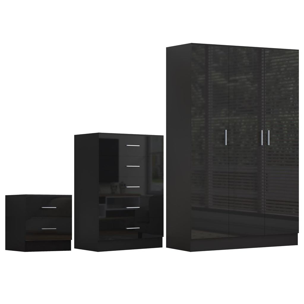 REFLECT Gloss 3pc Bedroom Set - 3 Door Wardrobe + 5 Draw Chest + Bedside