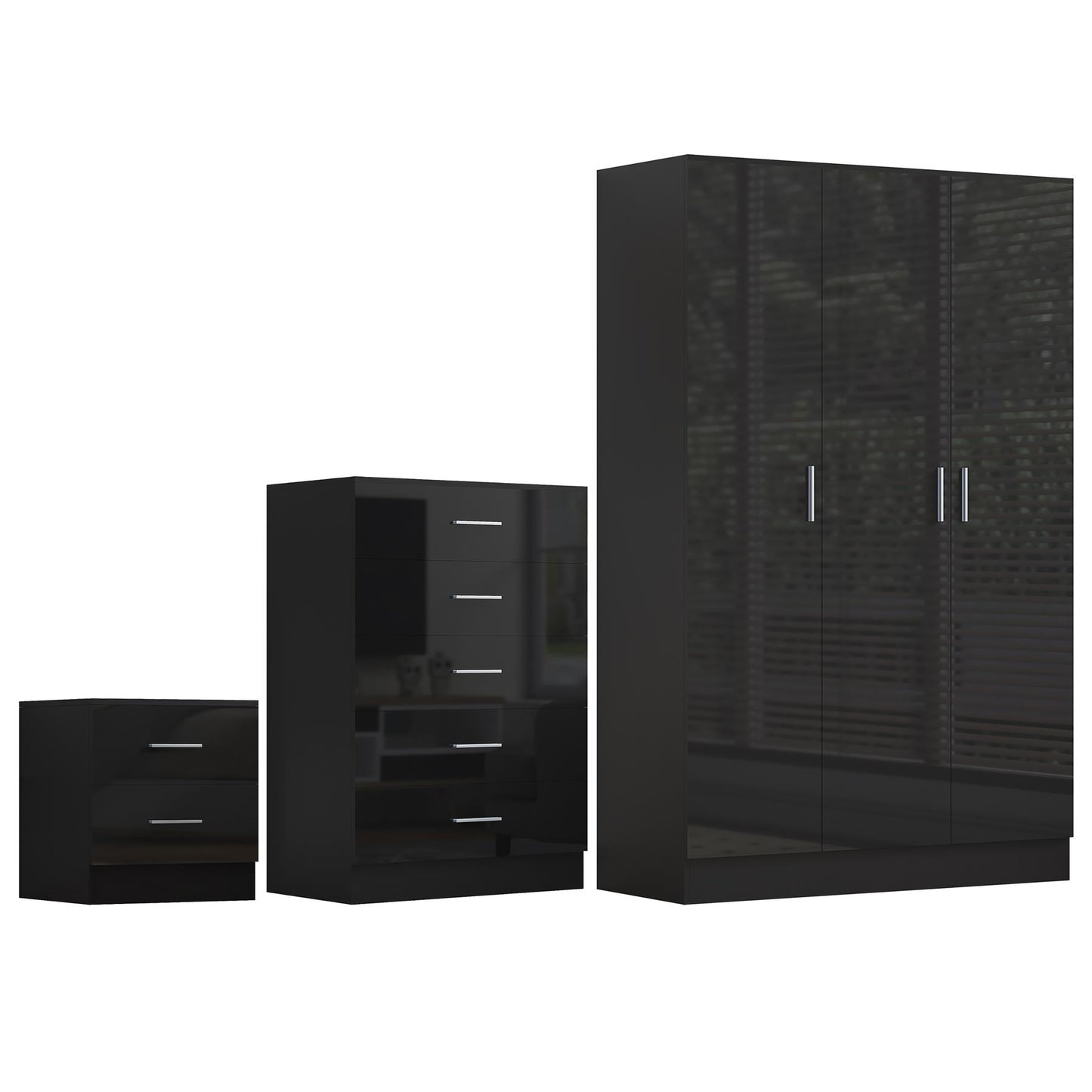 REFLECT Gloss 3pc Bedroom Set - 3 Door Wardrobe + 5 Draw Chest + Bedside