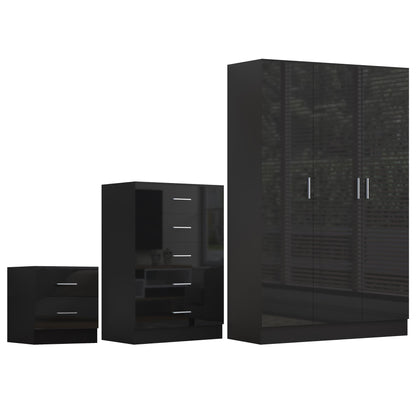 Reflect 3 Door Plain Wardrobe, 5 Drawer Chest, 2 Drawer Bedside - Black Gloss & Black Oak - Modern Bedroom Furniture Set