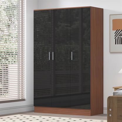 Reflect 3 Door Plain Wardrobe - Black Gloss & Walnut -Hanging Rail & 4 Shelves  - Modern Design