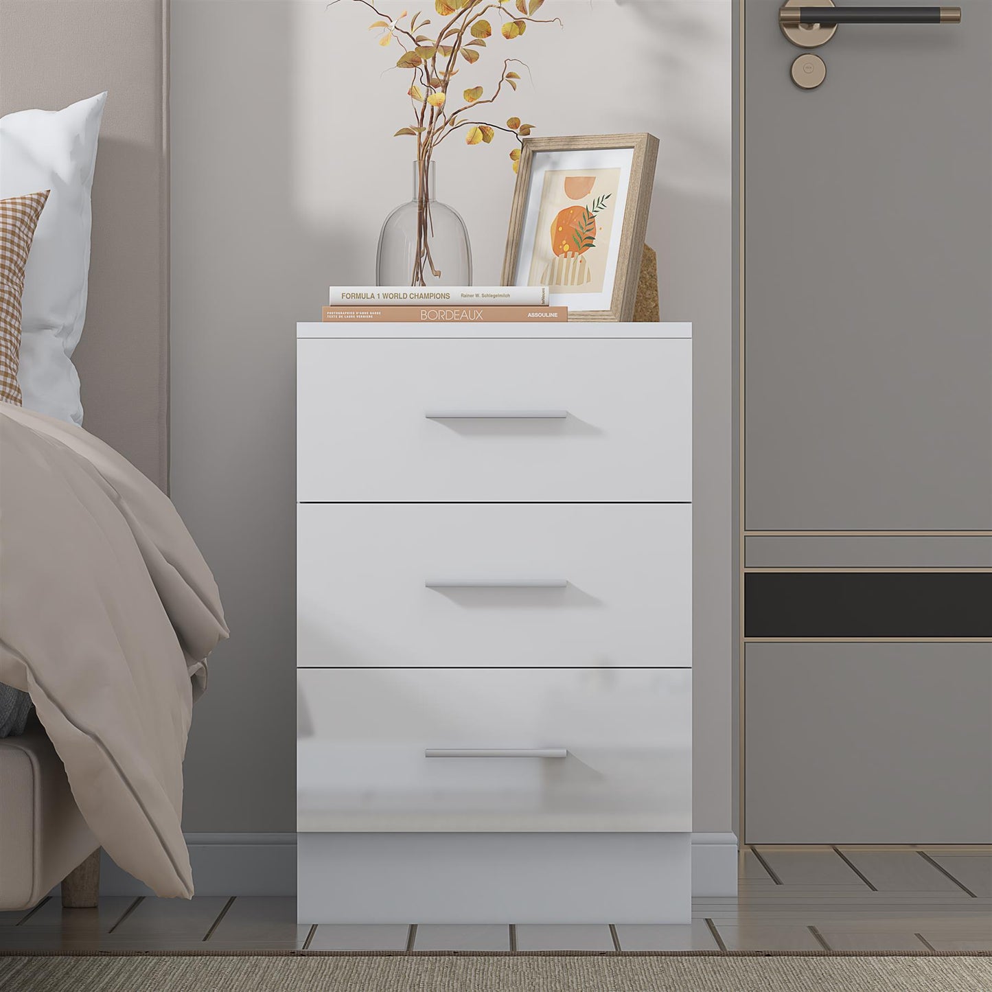 REFLECT Gloss Bedroom Furniture 3 Drawer Bedside - 4 Colour Options