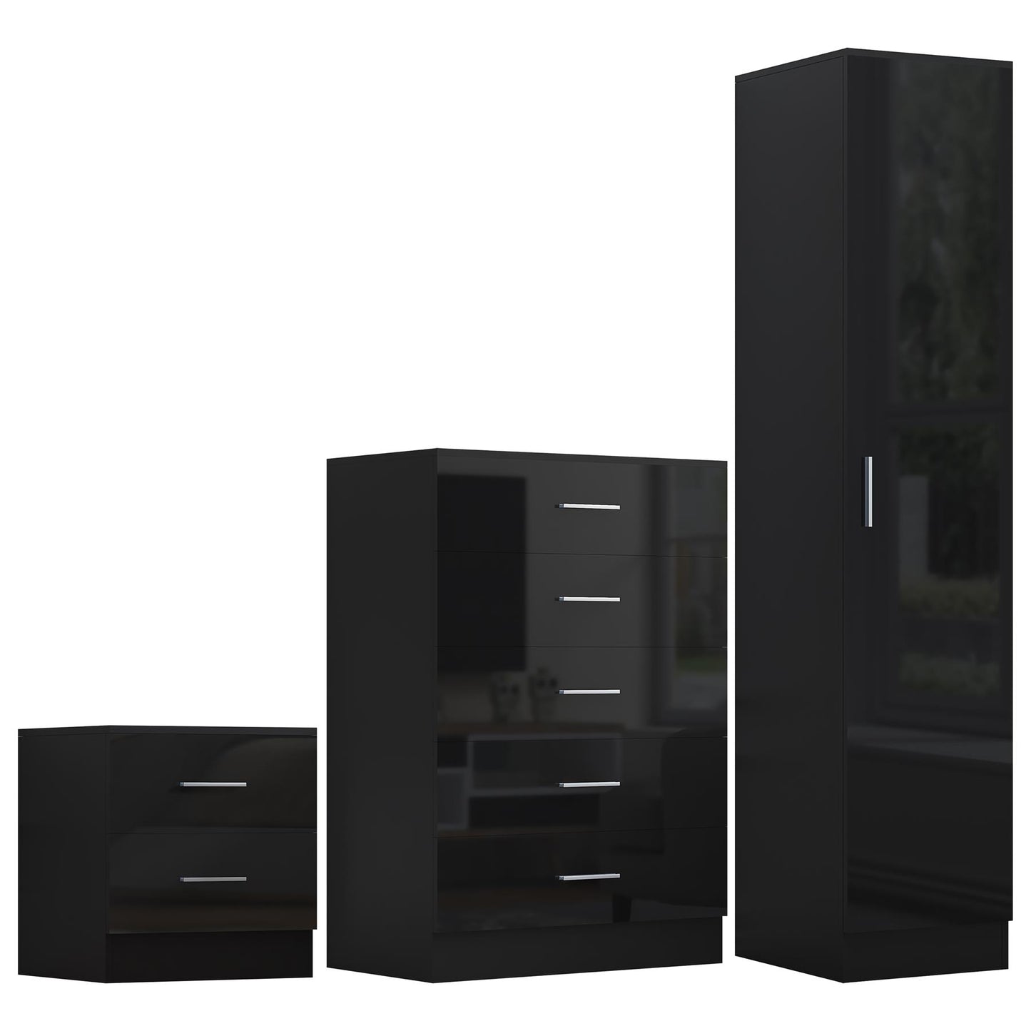 Reflect 1 Door Plain Wardrobe, 5 Drawer Chest, 2 Drawer Bedside - Black Gloss & Black Oak - Bedroom Furniture Set