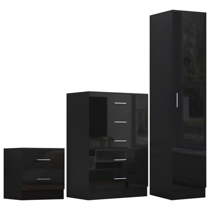 Reflect 1 Door Plain Wardrobe, 5 Drawer Chest, 2 Drawer Bedside - Black Gloss & Black Oak - Bedroom Furniture Set