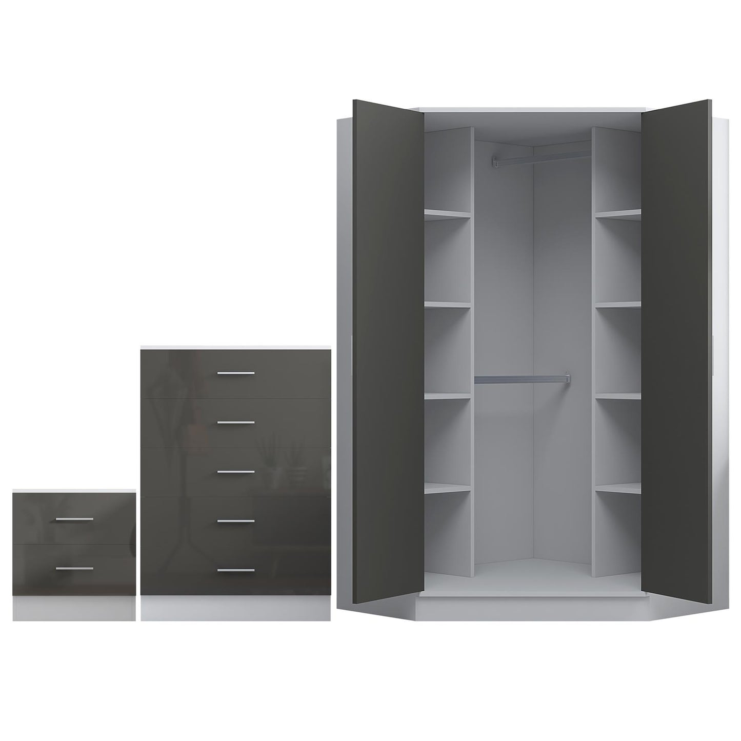 REFLECT Gloss 3pc Set - 2 Door Corner Wardrobe + 5 Draw Chest + Bedside
