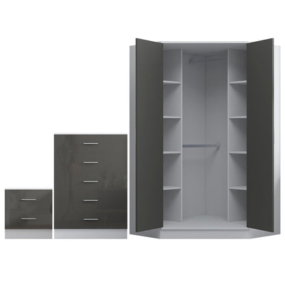 Reflect 2 Door Corner Wardrobe, 5 Drawer Chest, 2 Drawer Bedside - Grey Gloss & Matt White - Bedroom Furniture Set