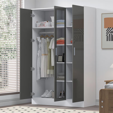 Reflect 3 Door Mirror Wardrobe - Grey Gloss & Matt White - Hanging Rail & 4 Shelves - Modern Design