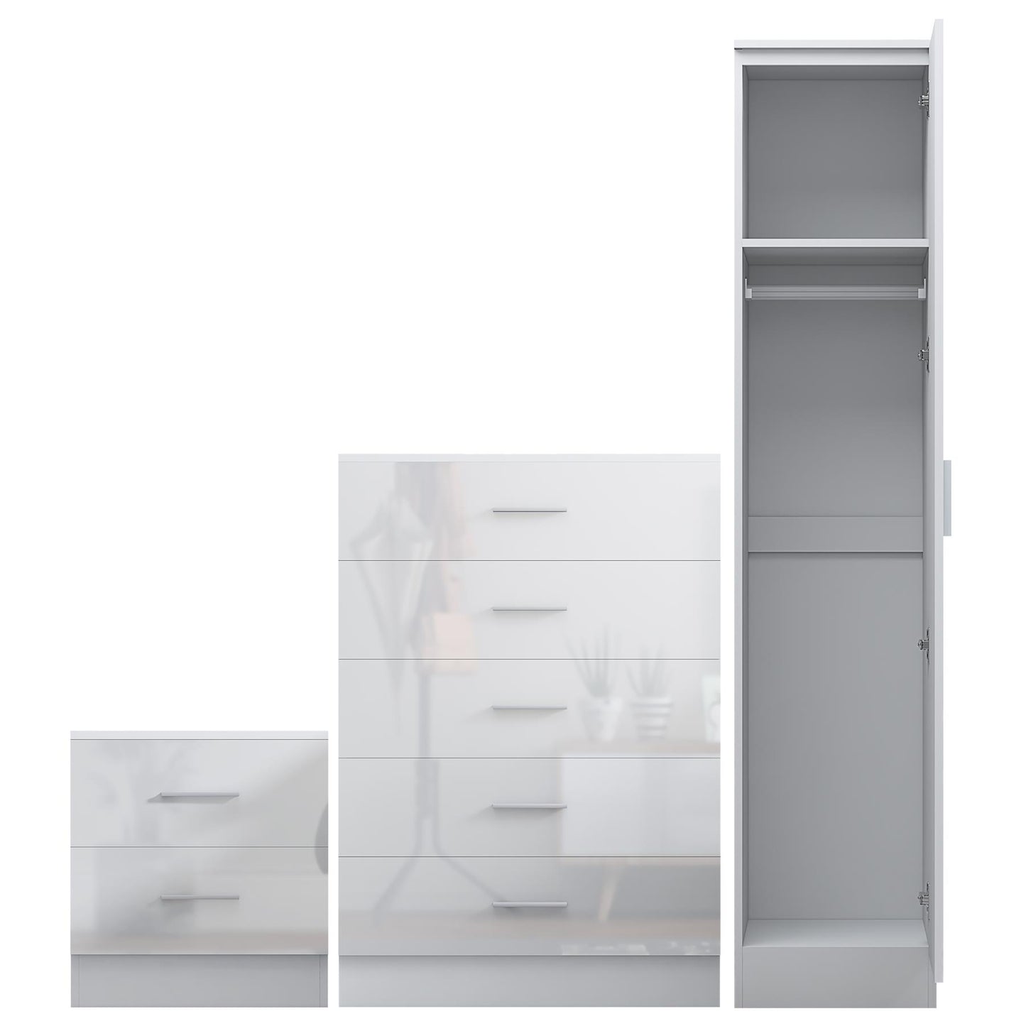 REFLECT Gloss 3pc Bedroom Set - 1 Door Wardrobe + 5 Draw Chest + Bedside