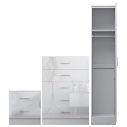 REFLECT Gloss 3pc Bedroom Set - 1 Door Wardrobe + 5 Draw Chest + Bedside