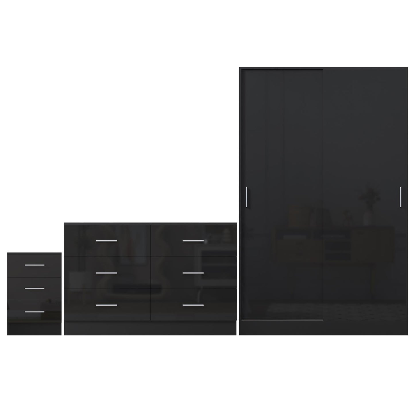 REFLECT Gloss 3pc Set - 2 Door Sliding Wardrobe + Wide Chest + Tall Bedside