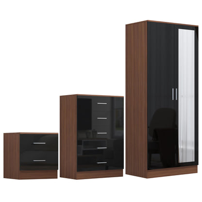 REFLECT Gloss 3pc Set - 2 Door Mirrored Wardrobe + 5 Draw Chest + Bedside