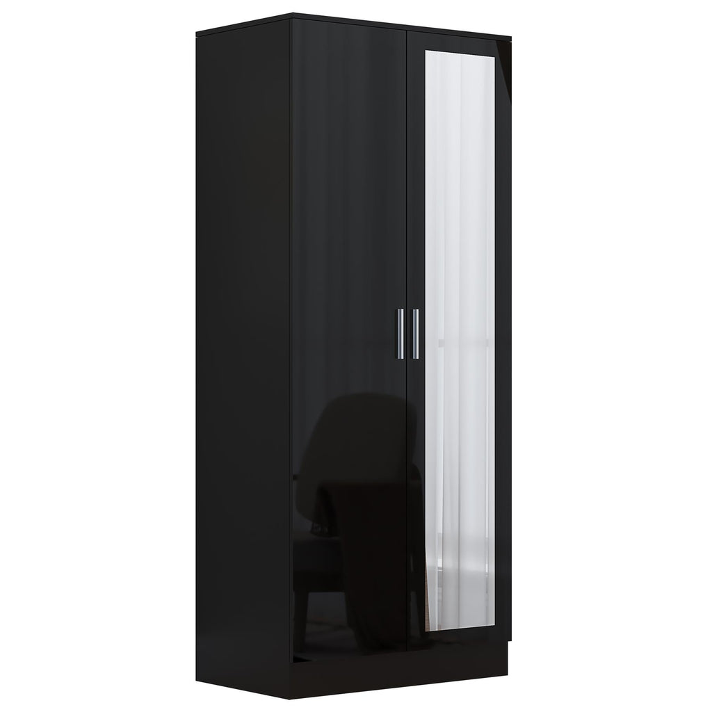 Reflect 2 Door Mirror Wardrobe, 5 Drawer Chest, 2x 2 Drawer Bedsides - Black Gloss & Black Oak - Modern Bedroom Furniture Set