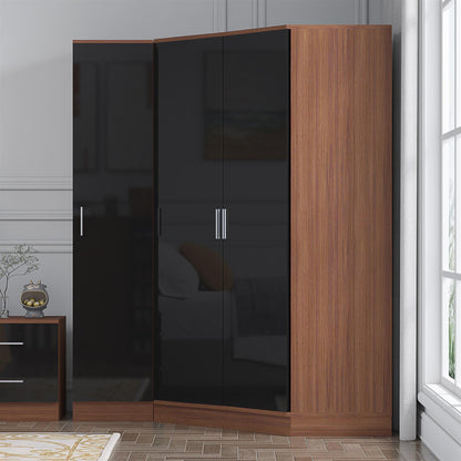 Reflect 2pc Wardrobe Bundle - 2 Door Corner + 1 Door Plain - Black Gloss & Walnut