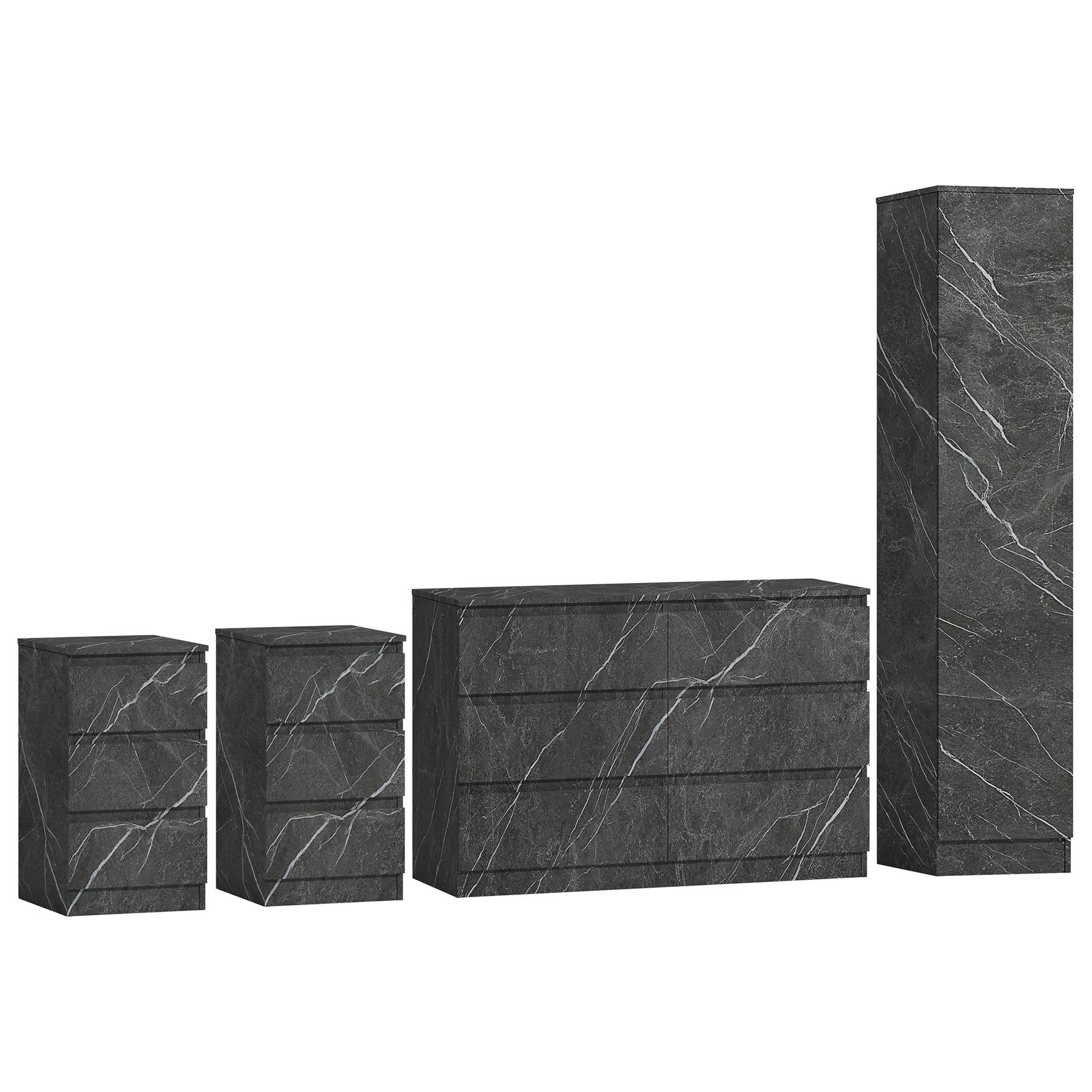 ZITA Grey Marble Effect 4pc Bedroom Set - 1-Door Wardrobe, Wide Chest & 2 Bedside Tables, Contemporary Bedroom Storage Solution